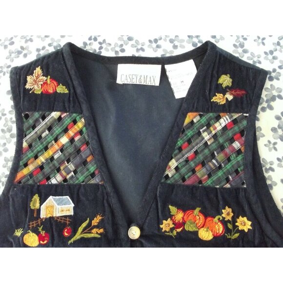 Casey & Max Vest Womens Medium Blue Pumpkin Autumn Fall Lattice Strip Embroidery - Picture 2 of 11